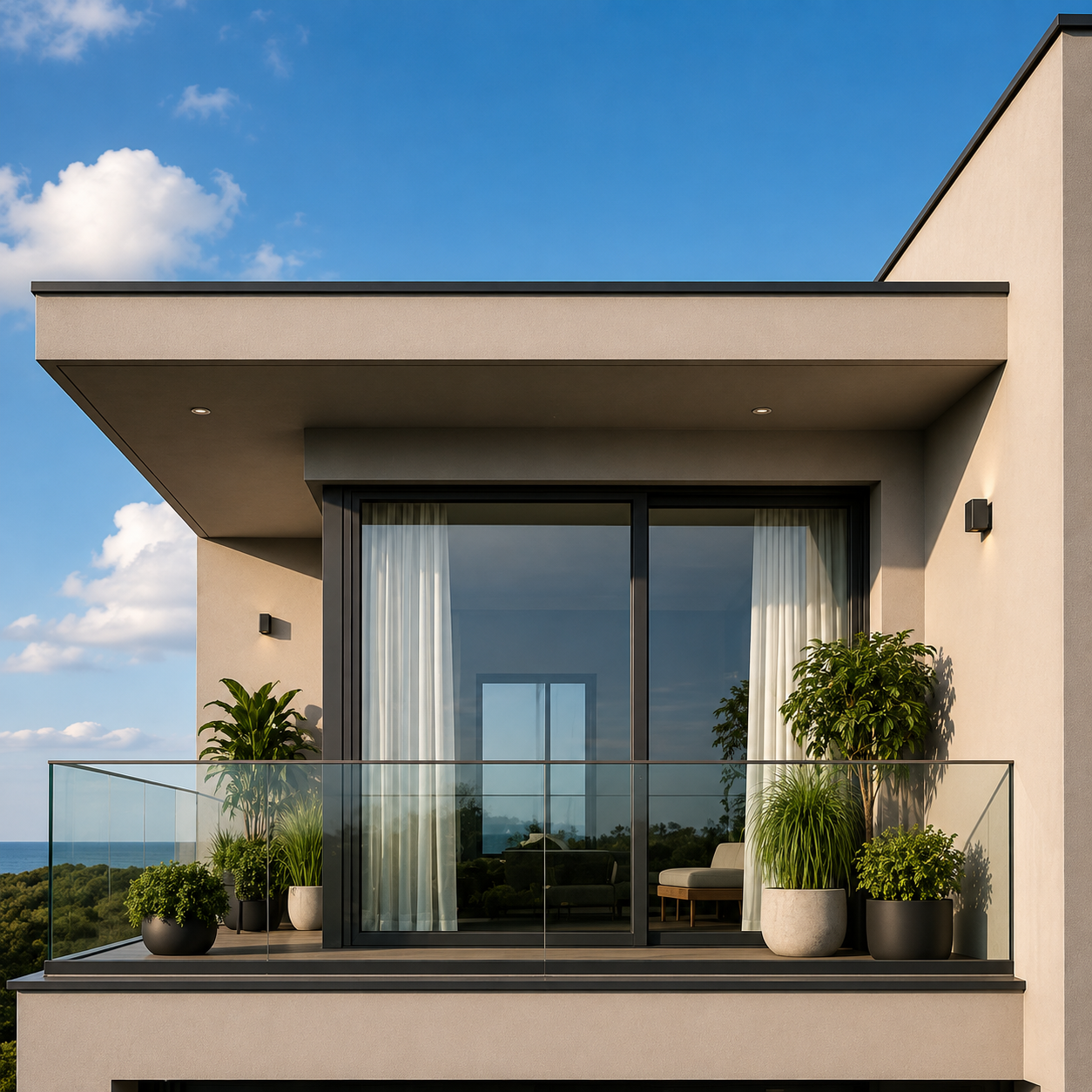 Contemporary frameless glass balcony railing