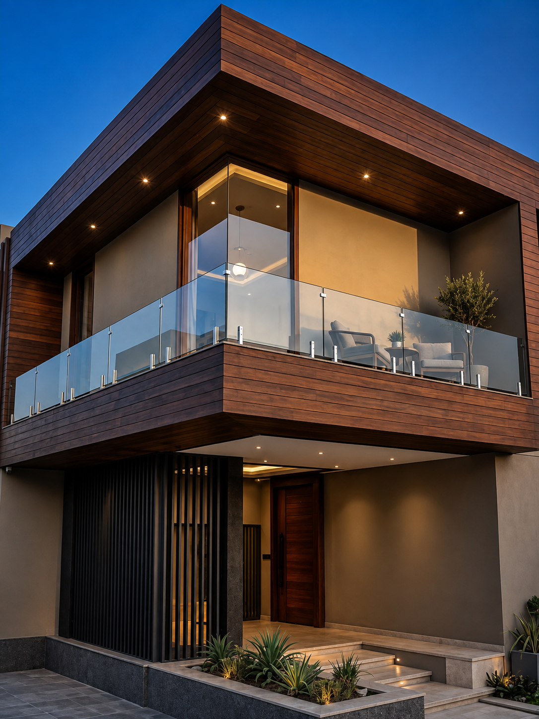 Modern residential glass railing on a timber facade