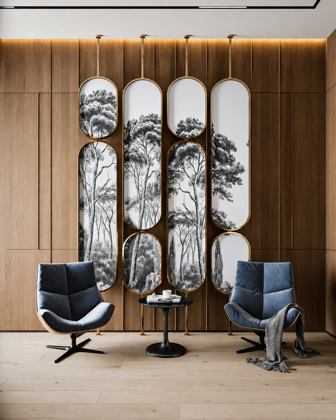 Gold framed artistic tree glass partition