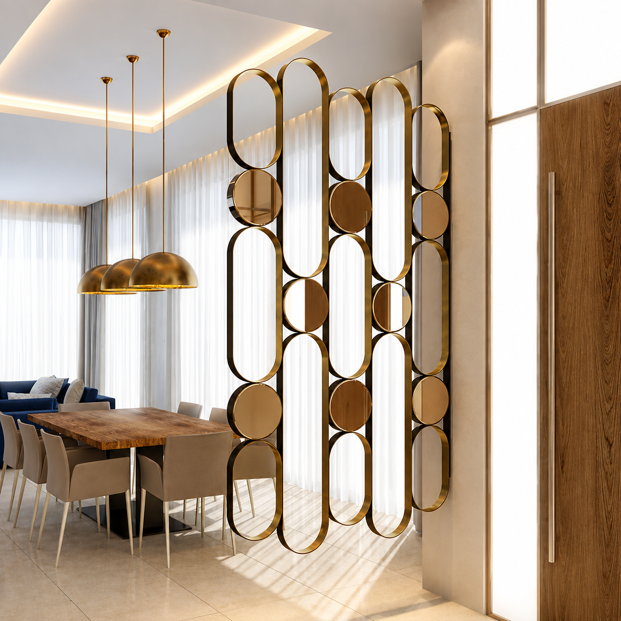 Gold capsule architectural partition in a contemporary interior